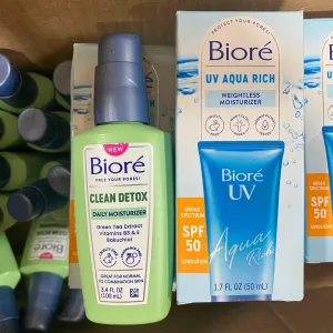 Biore Clean Detox Daily Moisturizer and Biore UV Aqua Rich Weightless Moisturizer Broad Spectrum SPF 50 Sunscreen 1.7 FL OZ (46 Pcs Lot)