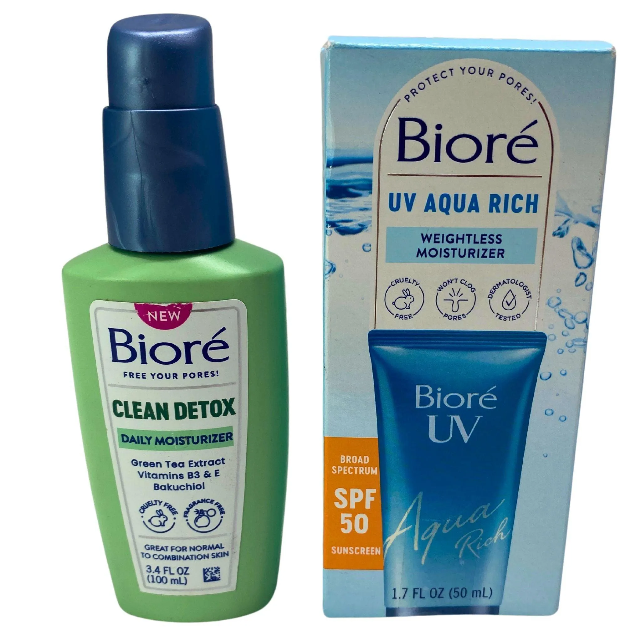 Biore Clean Detox Daily Moisturizer and Biore UV Aqua Rich Weightless Moisturizer Broad Spectrum SPF 50 Sunscreen 1.7 FL OZ (46 Pcs Lot)