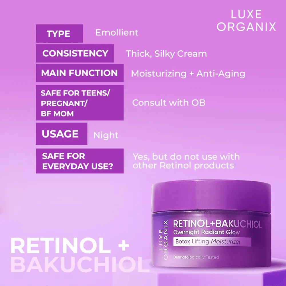 Luxe Organix Retinol   Bakuchiol Overnight Radiant Glow Botox Lifting Moisturizer 50g